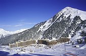 Overall picture of the ski resort of Plagne France ; Catch of sight of a building, Bellecôte(altitude: 2050 meters). 