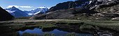 Wetland in the small valley of Tré les Eaux in Haute-Savoie ; Altitude: 2200m  Background: Mont Blanc