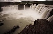 Overview of the Cascade of Godafoss in Iceland ; This cascade is also named the “Fall of the gods”.