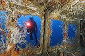Diver at Bridge of Cement Cargo Boat Shipwrack, Caribbean Sea, Grenada