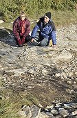 Naturalists have discovered footprints of Sauropod Dinosaurs ; Marie-Hélène Marcaud and Patrice Landry, discoverers of the site. <br>This site is perhaps the largest in the world for the footprints of sauropods.