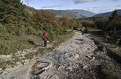 Site of footprints of Sauropod Dinosaurs in mudstone France ; Marie-Hélène Marcaud, co-discoverer.<br>Discover in april 2009 of this spectacular site of Southern Jura. <br>This site is perhaps the largest in the world for the footprints of sauropods.