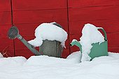 Watering cans in the snow in a garden