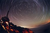 Circumpolar and antenna TDF Pic du Midi Pyrenees France ; From the terrace of the Pic du Midi, the antenna TDF seems inclined toward the north celestial pole where the Pole Star. 