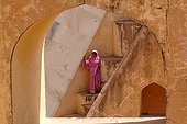 Woman in the stairwell of the observatory Jantar Mantar India ; Jantar Mantar. The maharaja Jai Singh II decided to built this astronomical observatory (1728-1733) with giants instruments in order to change the calendar.