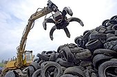 Old tires being shredded, substitute fuel for cement production, Rohrendorf cement works, Bavaria, Germany