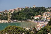 Budva beach crowded with tourists in Montenegro