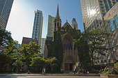 Church with trees in downtown Chicago USA