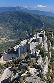 Peyrepertuse Castle in Cathar country and scrubland France  ; Elevation: 800 m 