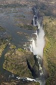Aerial view of Victoria Falls Zimbabwe / Zambia  ; In the foreground the Devil's Cataract (62m high, Zimbabwe), followed by the Main Falls (93m, Zimbabwe) and Livingstone Island (borderline Zimbabwe/Zambia), behind the Rainbow Falls (108m, highest falls, Zambia) and the Eastern Cataract (Zambia). 