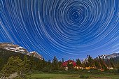 Num-Ti-Jah Lodge Star Trails - Banff NP Alberta Canada ; 	A composite of 233 images, taken with the Canon 5D MkII and 16-35mm lens, at Bow Lake in Banff, showing circumpolar star trails across the sky looking north over Num-Ti-Jah Lodge. Each image was 50 seconds, taken at 1s intervals at ISO 1250 and at f/4. Stacked in Photoshop using Chris Schur's Photoshop Action.