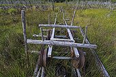 Wooden cart rolling on wooden rails in Chilean Patagonia ; Wooden cart rolling on wooden rails, having been used in the past to carry tree trunks when the road carretera austral has been opened.