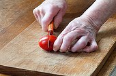 Harvest of tomato seeds ; Cutting of a well ripe 'Roma' tomato.