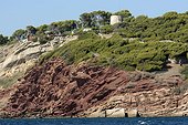 Square tower of the thirteenth century on cliff - French Riviera France ; Advanced Portissol