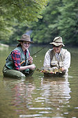 Young woman presenting a wild Trout of the Doubs (Salmo trutta fario), Fly fishermen on the French-Swiss Doubs river, La Goule, Franche-Comté, France