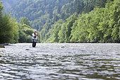 Fly fishing on the Doubs river, Brémoncourt, Glère, Doubs, Franche-Comté, France