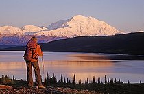 Hiker with a view towards Denali, Denali National Park, Alaska, North America