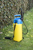 Sprayer placed on the lawn of a garden, before treatment of a hedge in Printemps, Pas de Calais, France