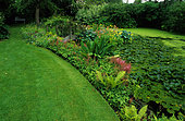 Lawn and Water Garden with Water Lily (Nymphaea sp), Astilbe (Astibe sp), Primrose (Primula sp), Skunk cabbage (Lysichiron sp). Lower Hall, England