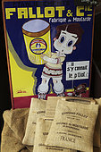 Bags of mustard seeds of IGP Burgundy and enamelled sign in a shop, mustard factory Fallot et Cie, rue de la Chouette, Dijon, a UNESCO World Heritage city, Cote d Or, France