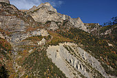 Alpage path in autumn in the Ecrins massif, Chateauroux les Alpes, Alps, France