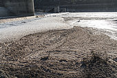 Ecume engendrée par la pollution due aux rejets d'usines de fabrication de papier dans le fleuve Tage, barrage d'Abrantes, Portugal