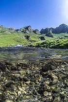 Mountain river seen mid-air half-water, climb Col du Tourmalet, Hautes-Pyrénées, France