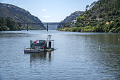 Barge avec des plongeurs travaillant au nettoyage du fond du Tage, à côté de Vila Velha de Ródão. Ce sont des boues de matière organique déposées sur le lit de la rivière pendant plusieurs années en raison du débit réduit. Ces matériaux proviennent des effluents d'eaux usées de plusieurs entreprises de fabrication, principalement des papeteries. Le flux du Tage ayant été considérablement réduit en Espagne en raison de son transfert vers le sud, ces matières organiques se sont accumulées au fil des années, formant une épaisse couche de matière organique dans le lit du fleuve qui a tué toute la vie aquatique. Pollution organique. Ces boues sont conditionnées dans des conteneurs souples sur la berge, puis transférées dans un endroit où elles peuvent être traitées correctement sans impact sur l'environnement. Vila Velha de Ródão, Portugal 2018