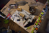 Montage of artificial flies for fishing, Flies of Glère, Glère, Doubs, Franche-Comté, France