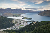 View on Lake Wakatipu with city of Queenstown, South Island, New Zealand