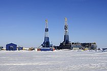 Oil derricks on the Prudhoe Bay oil field, Prudhoe Bay, Alaska, USA, North America