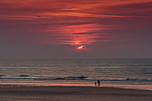 Sunset on beach of Sangatte in summer, Côte d'Opale, Pas de Calais, France