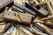 Old carpentry tools, shoemaking, oak debarking,… workshop, Haut-Rhin, France