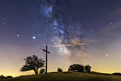 Jupiter, Saturn and the Milky Way over the Jura Mountains, Crêtes du Grand Colombier, South of the Jura Massif, France