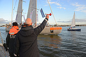 Departure of the Tara boat for two years expedition and scientific researchs on the oceans around the world. Here on the bay of Lorient with Etienne Bourgois, owner of the boat, greetings the crew. Etienne Bourgois is the president of the Tara Ocean Foundation and son of the french fashion designer Agnes B who sponsored the expedition. Lorient. Morbihan. France