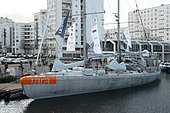 The Tara boat still at the quai des Indes, in the harbor of Lorient, before its departure for two years expedition and scientific researchs on the oceans around the world, Lorient, Morbihan, France