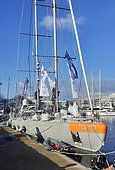 The Tara boat still at the quai des Indes, in the harbor of Lorient, before its departure for two years expedition and scientific researchs on the oceans around the world, Lorient, Morbihan, France
