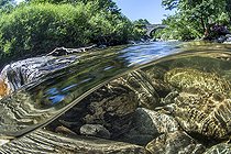 Half air half water view of the river Hérault, downstream of the town of Valleraugue, Gard, Occitania, France