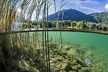 Vue mi-air mi-eau du lac de Valbonnais, dans la Matheysine, Isère, Auvergne Rhône Alpes, France