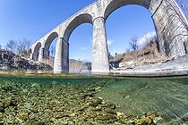 Air-water view of the Hérault River, near the town of Pont d'Hérault, Cévennes National Park, Gard, Occitanie, France.