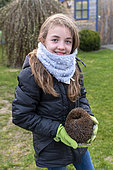 Girl carrying a hedgehog in a garden in spring, Pas de Calais, France