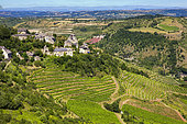 agricultural region around the village of Clairvaux d'Aveyron, from a hill, Aveyron (department 12), Occitanie Region, France