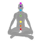 Gray silhouette of man sitting with seven chakra energy centers, on white background.