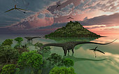 A pair of Diplodocus sauropod giants enjoy a peaceful evening meal during Earth's Jurassic Era of time.