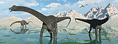 A group of Diplodocus dinosaurs grazing a freshwater lake from the Jurassic Era.