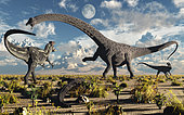 A deadly confrontation between a giant Diplodocus dinosaur and a pair of carnivorous Allosaurus dinosaurs.