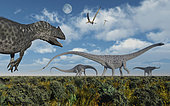 An Allosaurus dinosaur stalking a herd of Diplodocus sauropod dinosaurs during Earth's Cretaceous period of time.