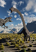 A carnivorous Allosaurus dinosaur confronts a pair of diplodocus sauropod dinosaurs during Earth's Cretaceous period.