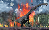 A Diplodocus sauropod dinosaur fleeing from a forest fire.