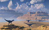 A small group of Diplodocus sauropod dinosaurs being stalked by a carnivorous Allosaurus dinosaur.